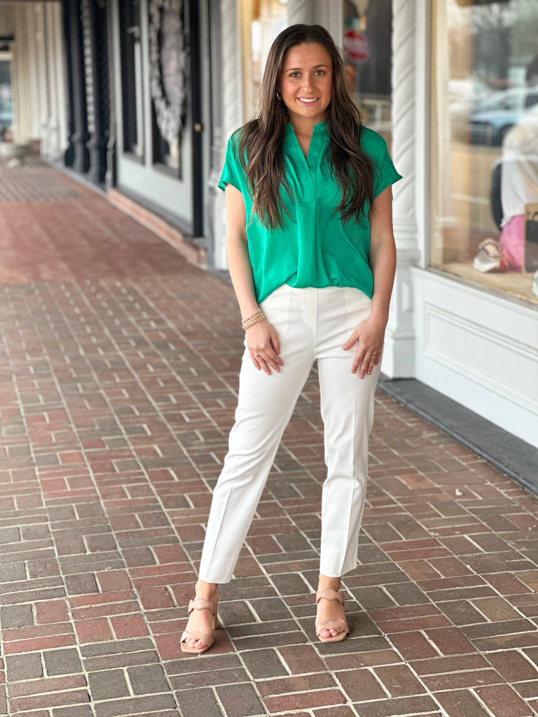 Renuar Classic Cut Cap Sleeve Top in Jade Green