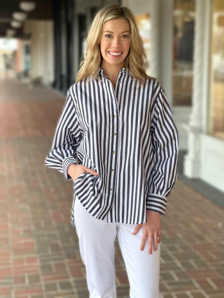 Tribal Long Sleeve Button Front Stripe Shirt