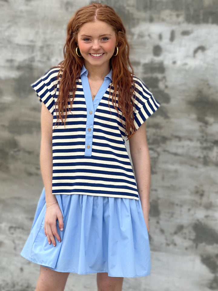 Sailboat At Sunset Navy Stripe Mini Dress