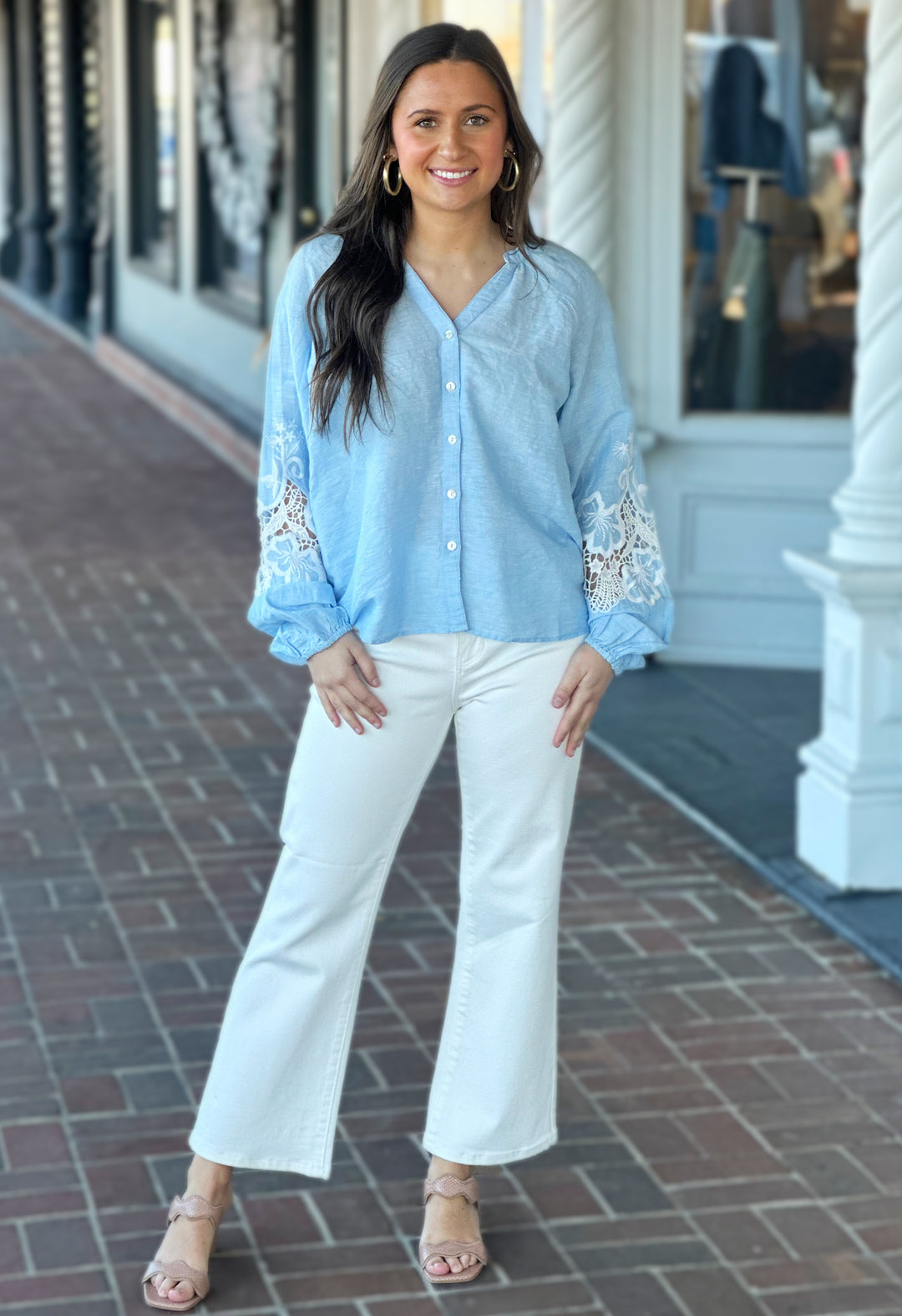 Charlie B Chambray Blue Raglan Long Sleeve Embroidery Blouse