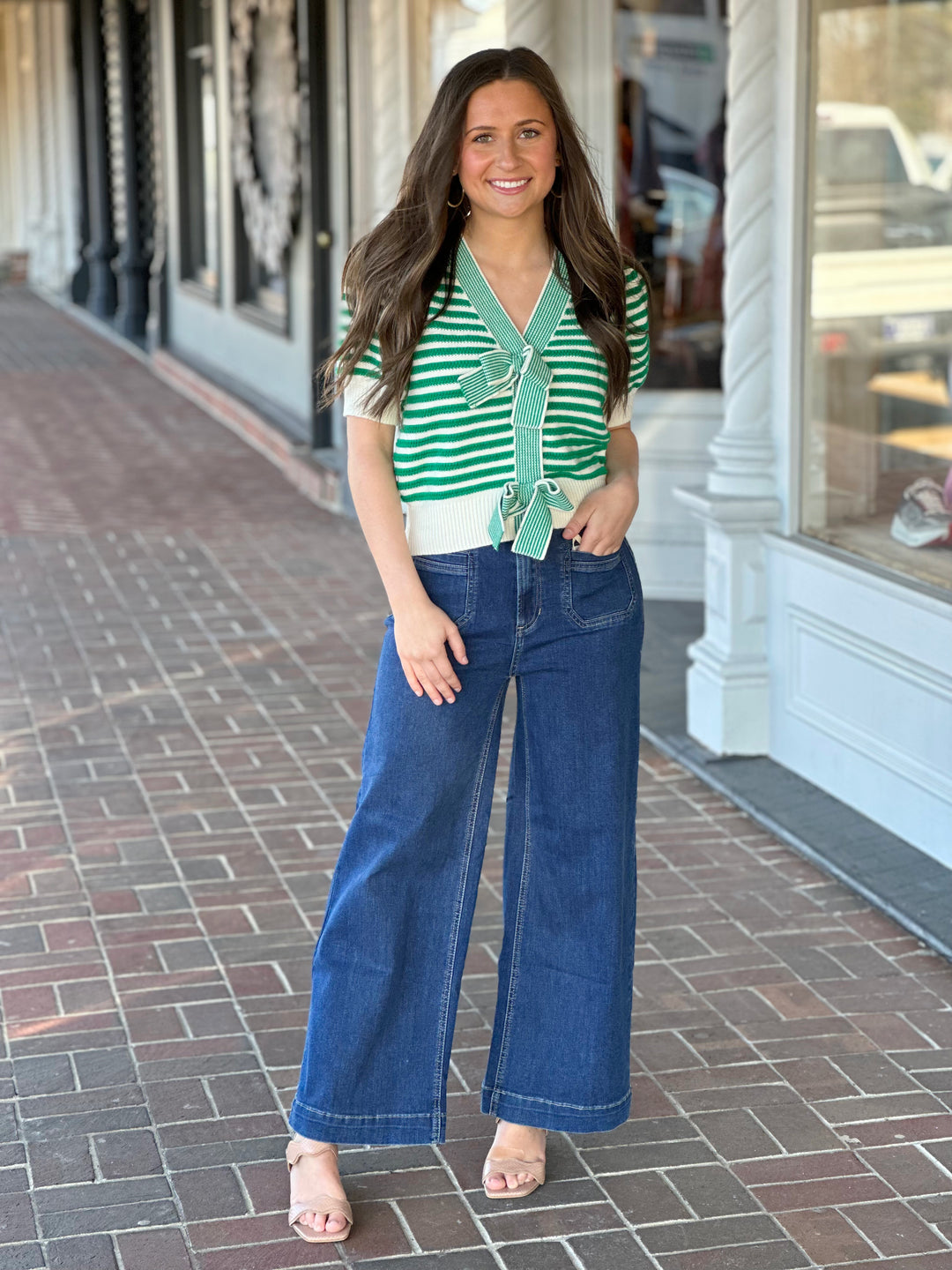 Love My Bows Green Stripe Sweater Cardigan