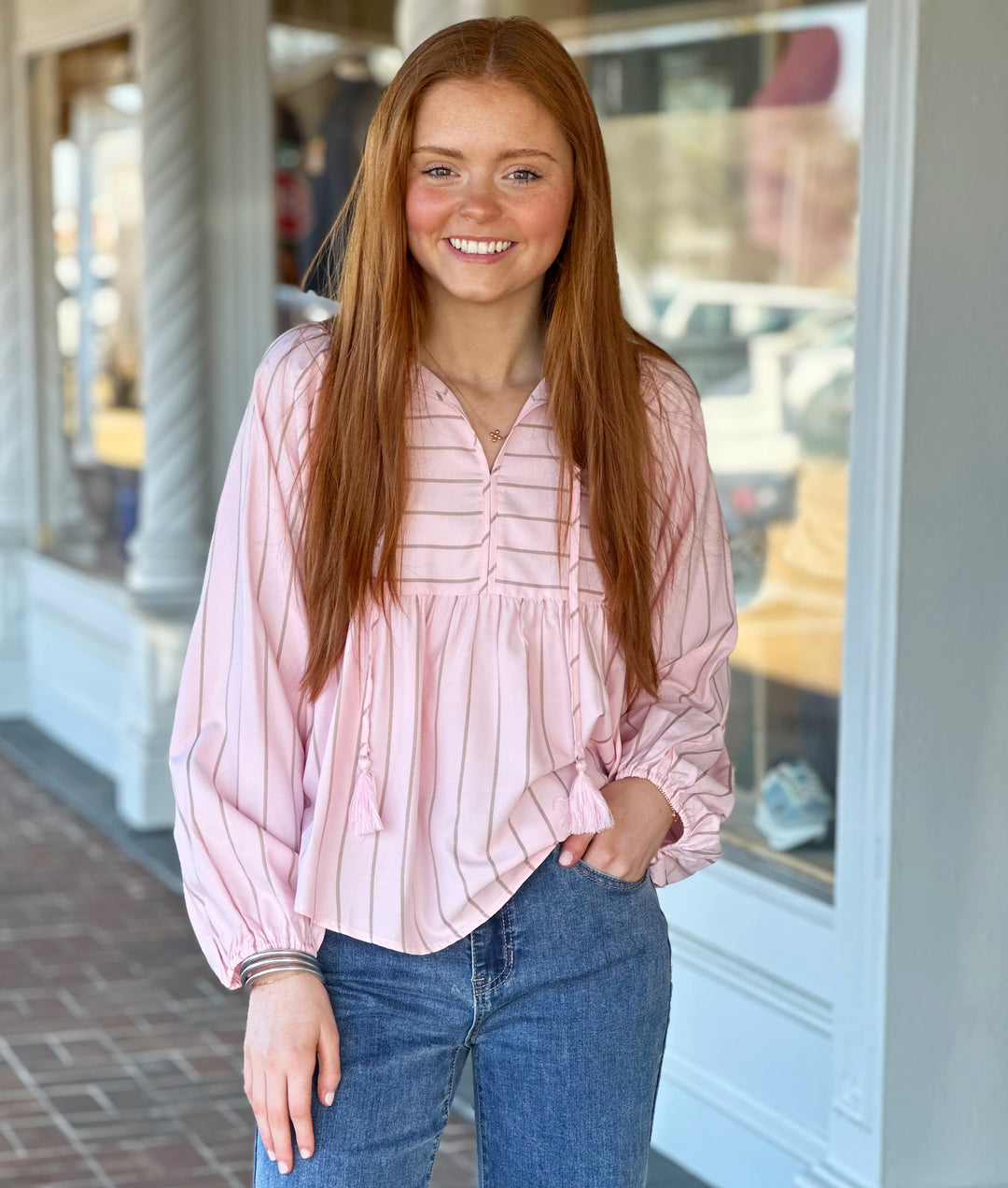 Feeling Pink Tie Front Striped Long Sleeve Top