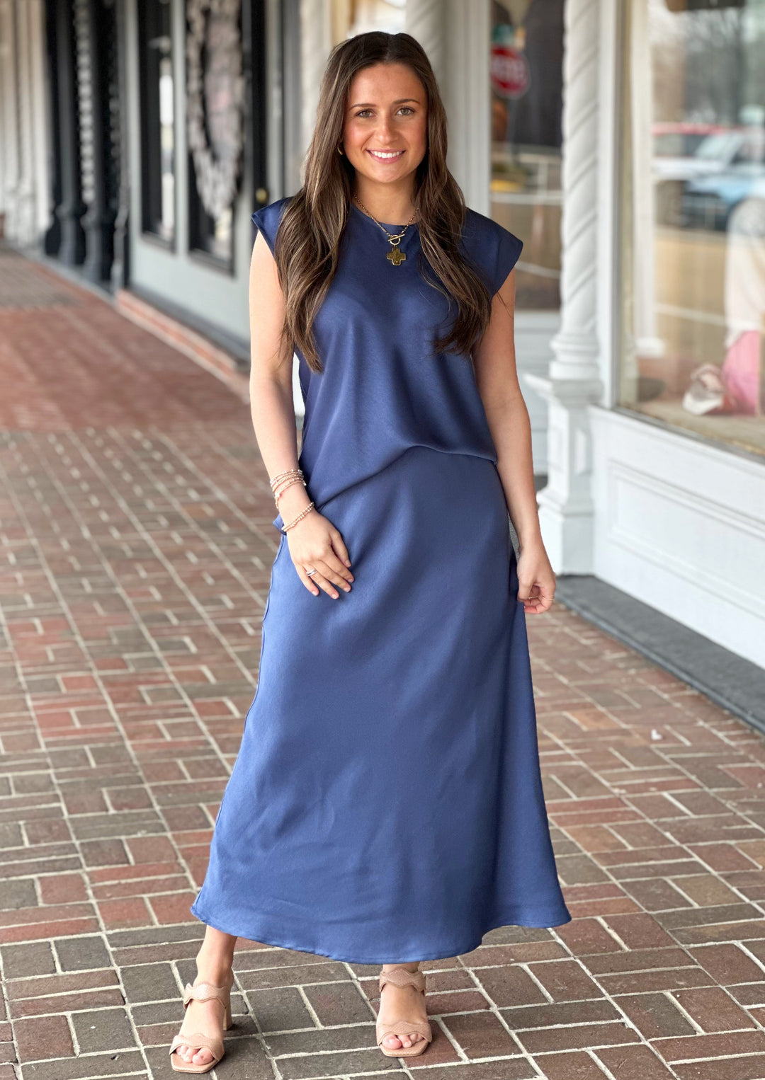 So Satin Drop Shoulder Top in Navy