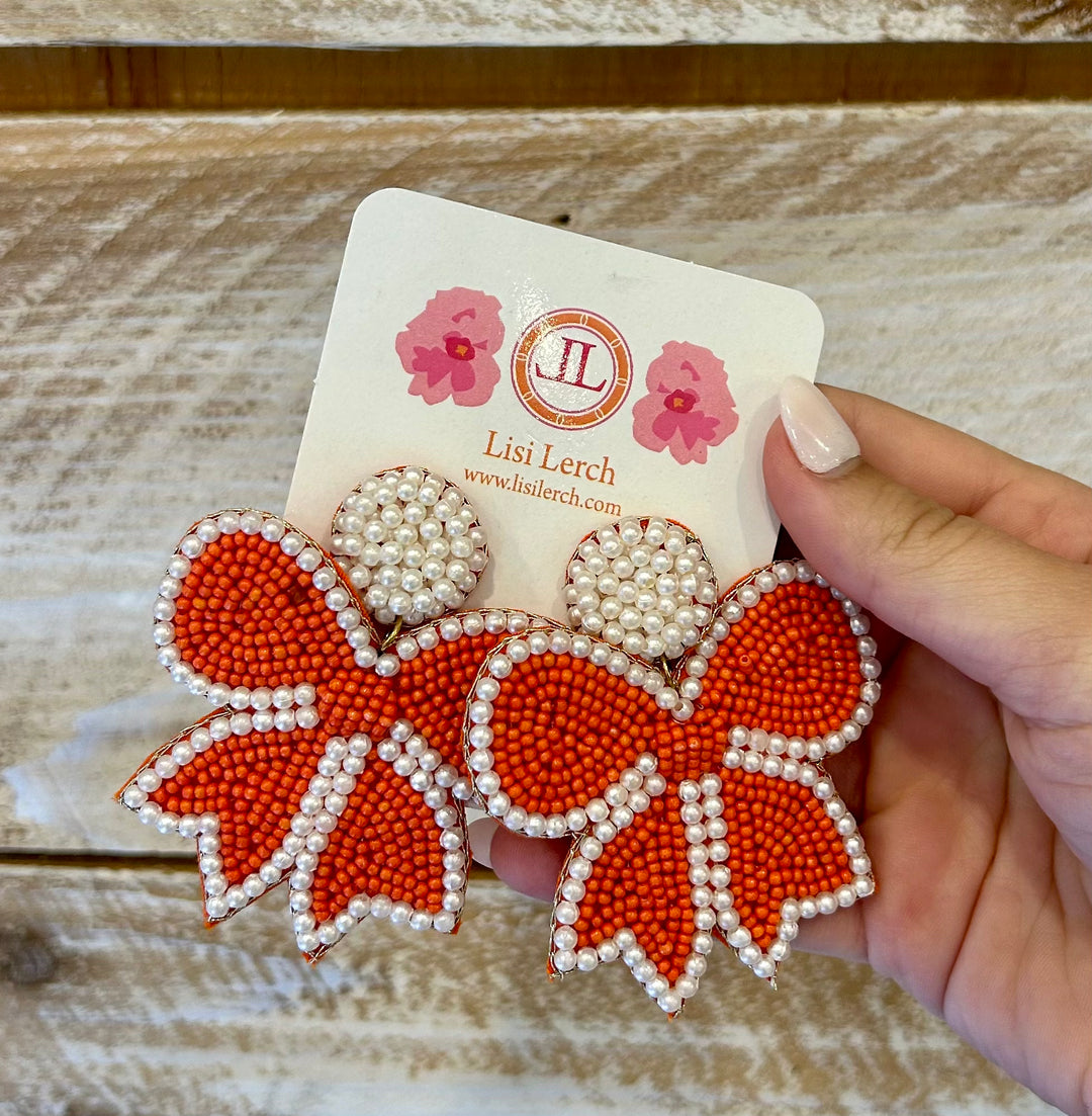 Emma Beaded Bow Earring in Red/Pearl