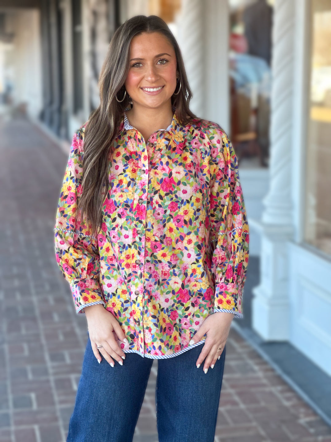 Tru Luxe Printed Puffy Sleeve Button Up Shirt