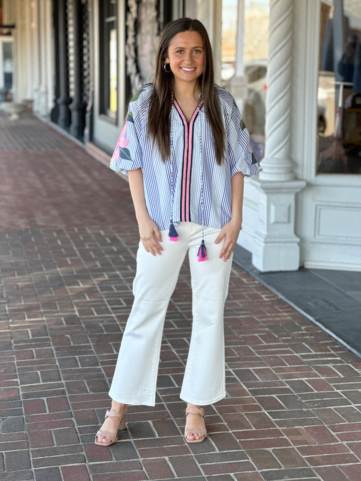 All Good Things Striped Embroidered Puff Sleeve Blue Top