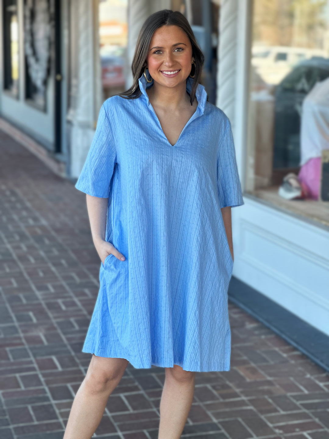 Oliva Ruffle Pocket Dress in Baby Blue