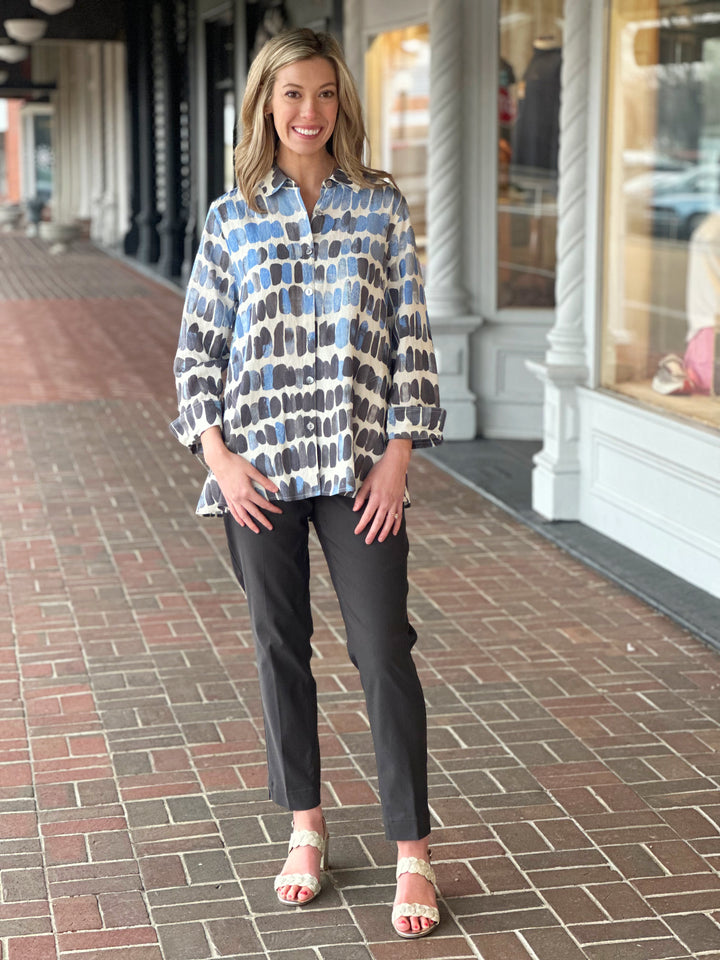 Multiples Turn-Up Cuff Button Front Blue Printed Top