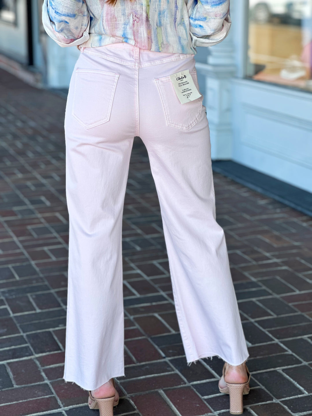 Charlie B Wide Leg Raw Edge Denim Pant in Pink Petal