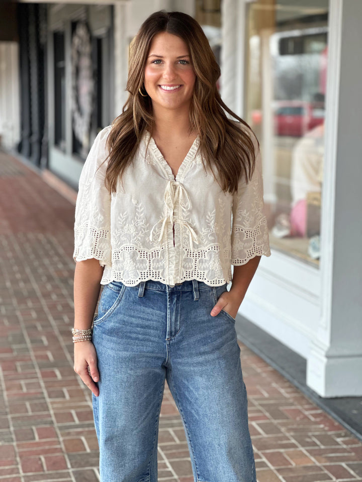 Ivory Garden Floral Embroidery Tie Front Top