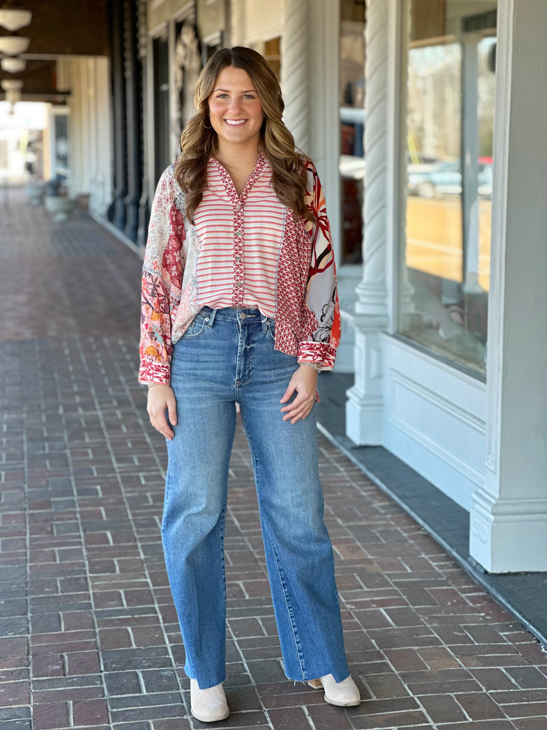 John Mark Striped Patch Print Button Down Top