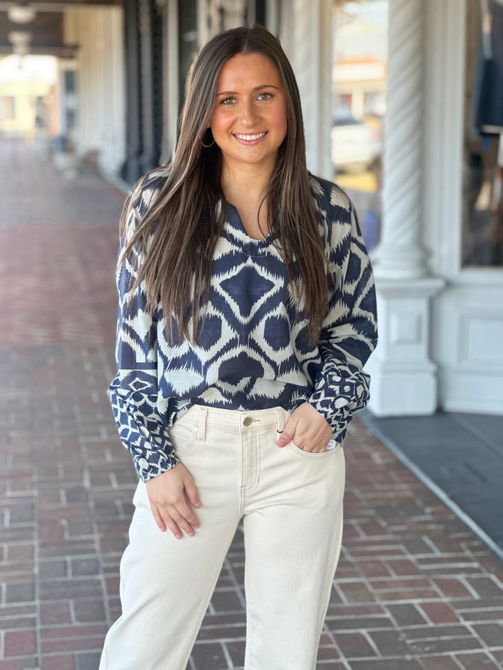 Charlie B Navy Printed Popover Blouse