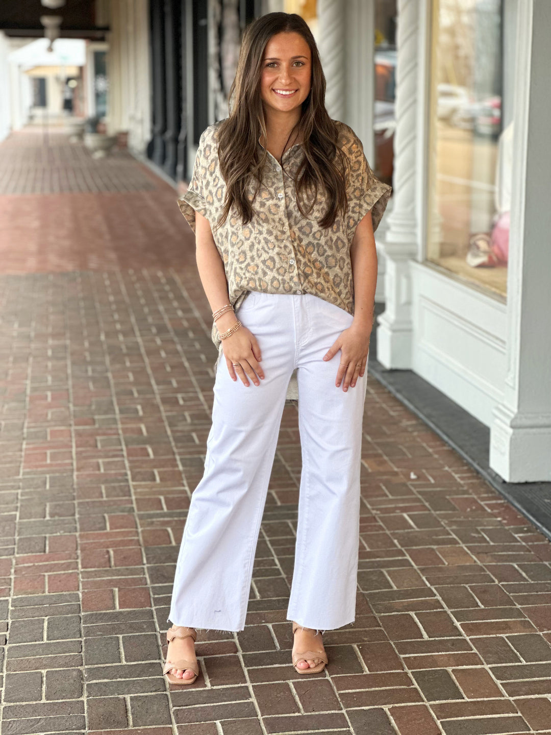 Even The Score Taupe Leopard Print Top