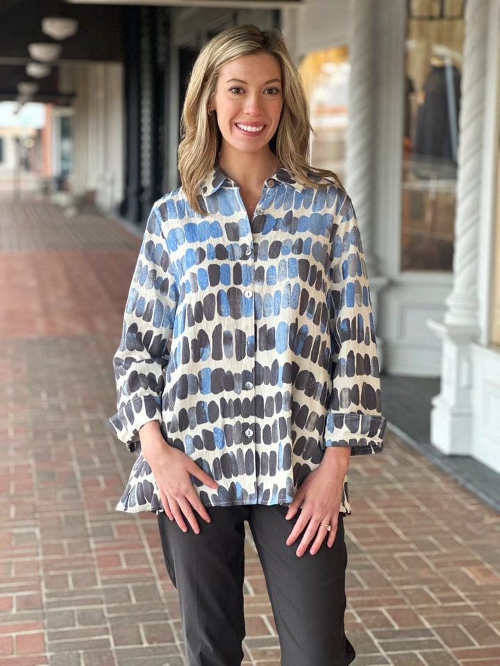 Multiples Turn-Up Cuff Button Front Blue Printed Top