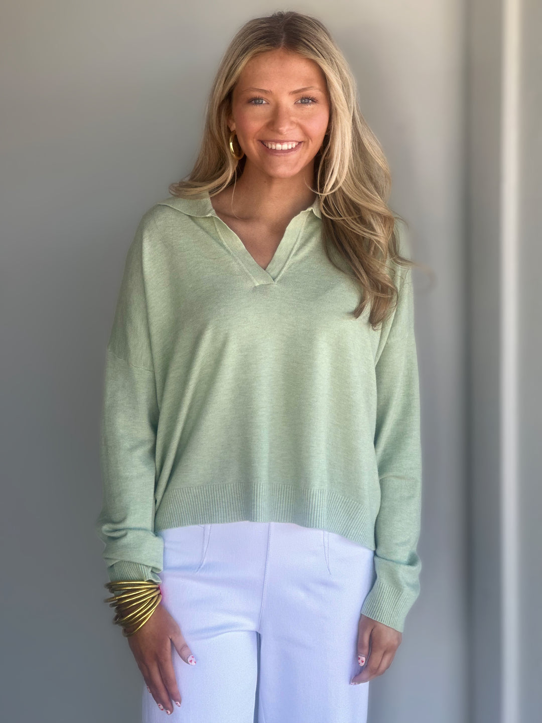 Johnny Collar Boxy Pullover Sweater in Green