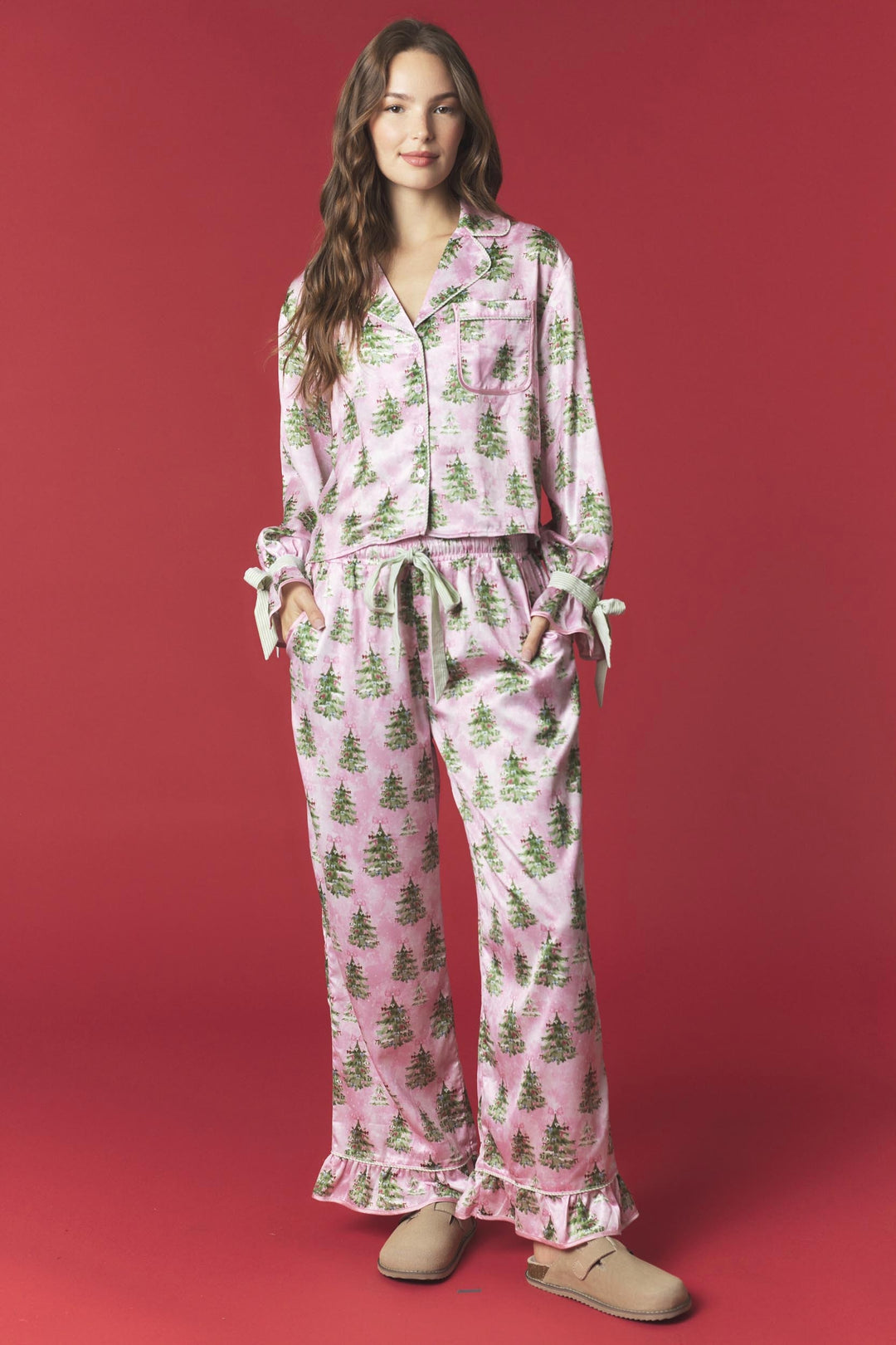 Christmas Tree Satin & Gingham Detail PJ Set