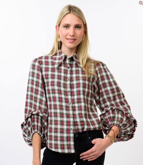 Ivy Jane Plaid Balloon Sleeve Top in Ivory