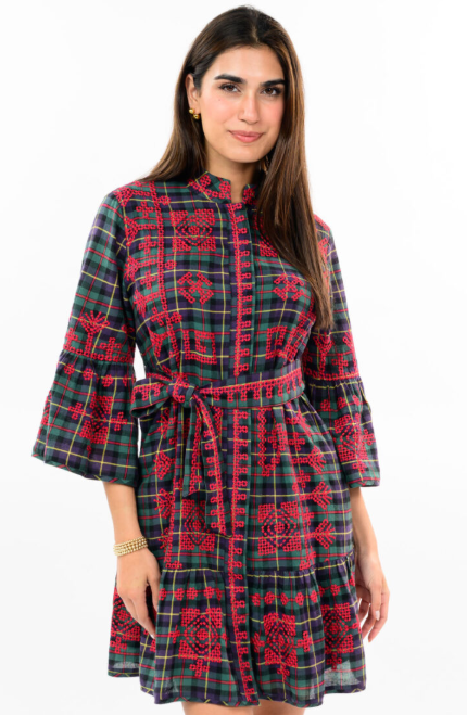 Ivy Jane Tartan Cross Stitch Dress in Green