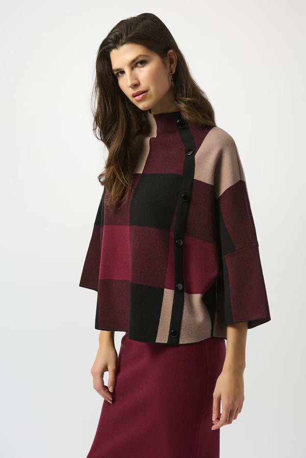 Joseph Ribkoff Plaid Jacquard Sweater Knit Top in Merlot Multi