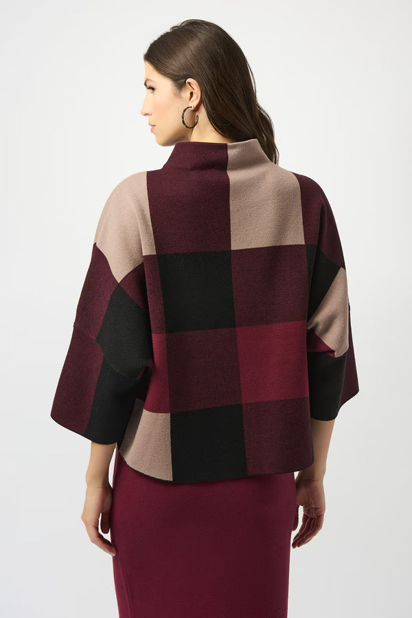 Joseph Ribkoff Plaid Jacquard Sweater Knit Top in Merlot Multi