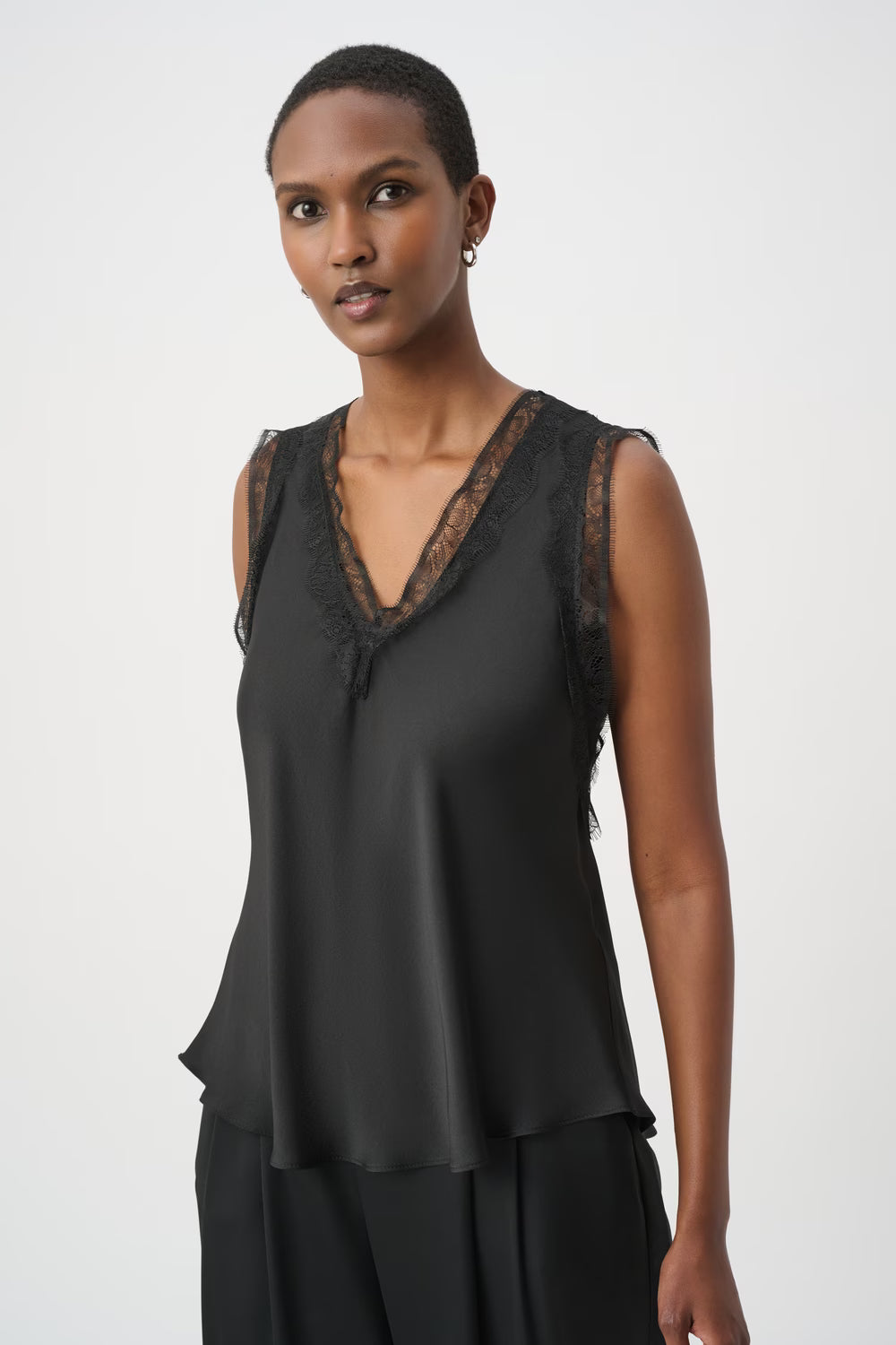 Joseph Ribkoff Lace Trim V-neck Pullover in Black