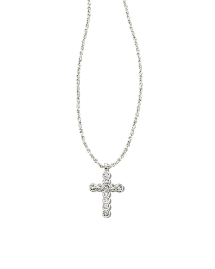 Kendra Scott Cross Silver Pendant Necklace in White Crystal