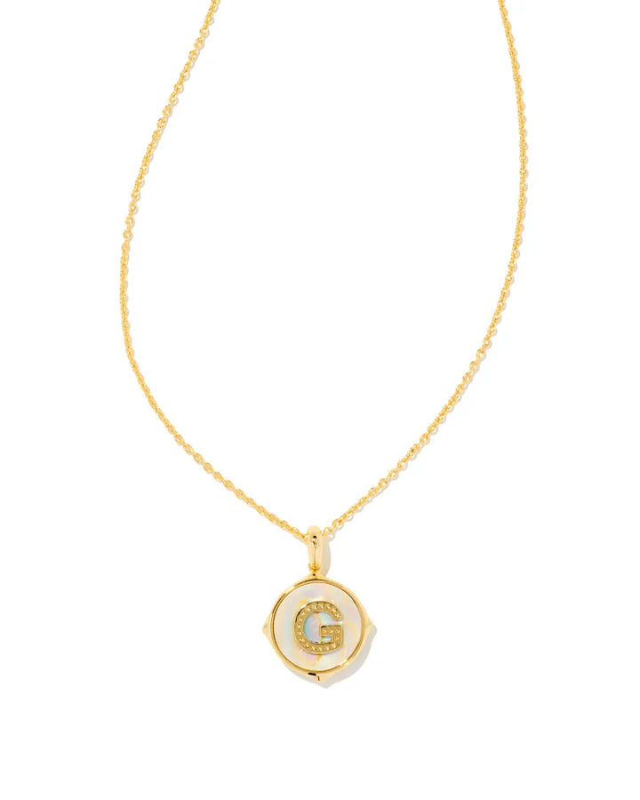 Kendra Scott Initial Gold Disc Pendant Necklace in Iridescent Abalone