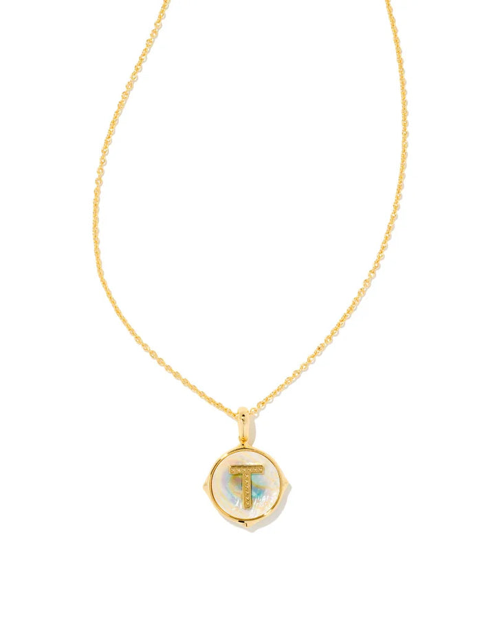 Kendra Scott Initial Gold Disc Pendant Necklace in Iridescent Abalone