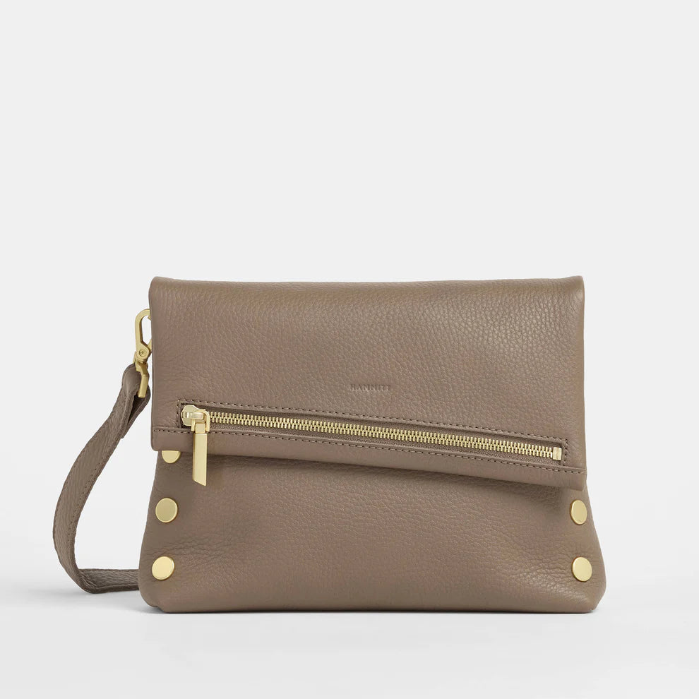 Hammitt VIP Med Zippered Leather Crossbody Clutch in Sculpted Taupe/Brushed Gold