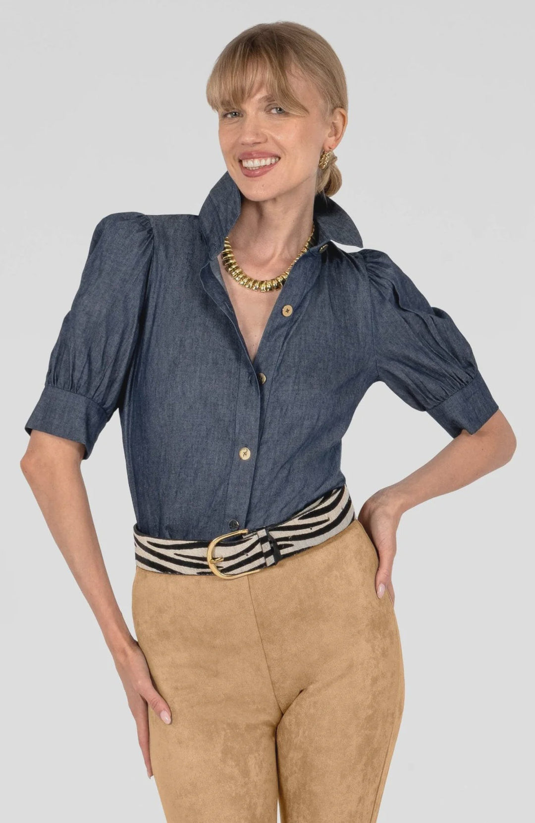 Gretchen Scott Puff Sleeve Top in Chambray