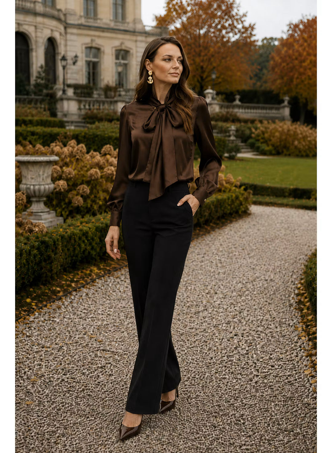 The Belle Satin Bow Tie Blouse in Cocoa