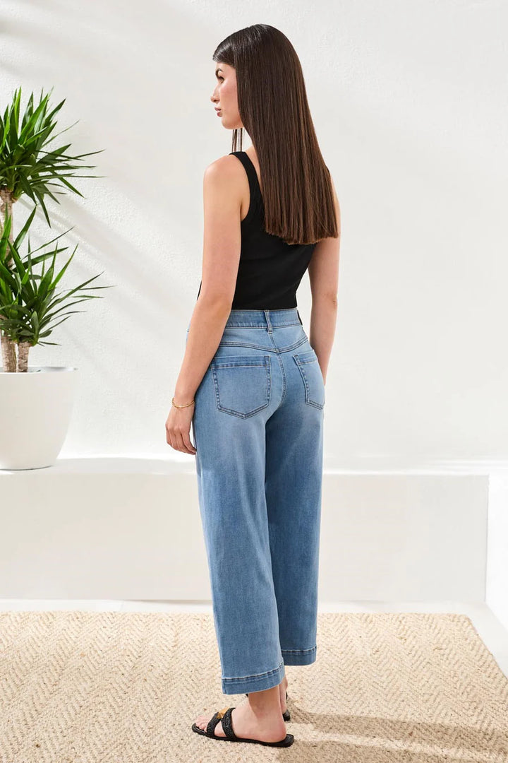 Tribal Audrey Hugging Crop Wide Leg Boundless Stretch Denim in Coastal Blue