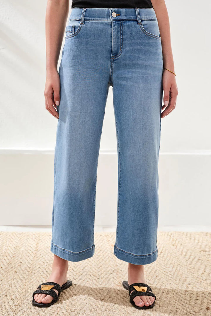 Tribal Audrey Hugging Crop Wide Leg Boundless Stretch Denim in Coastal Blue