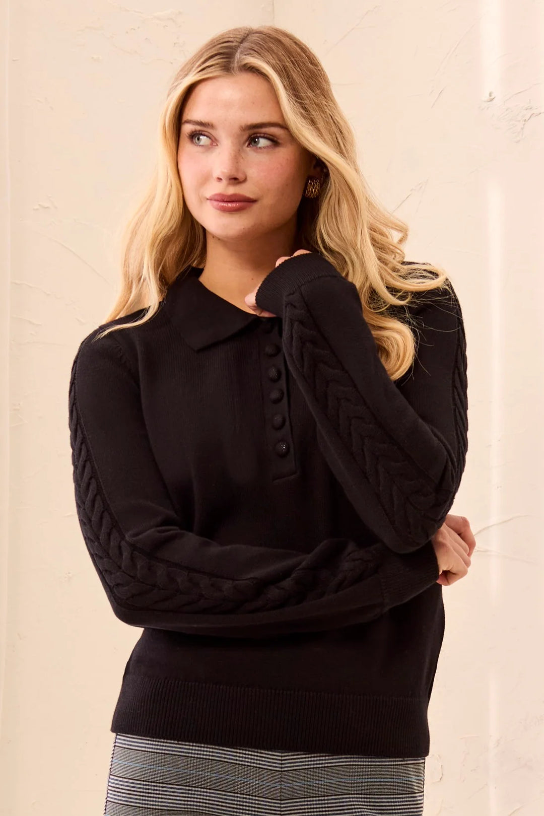 Tribal Self Button Placket Collared Cable Sleeve Sweater in Black