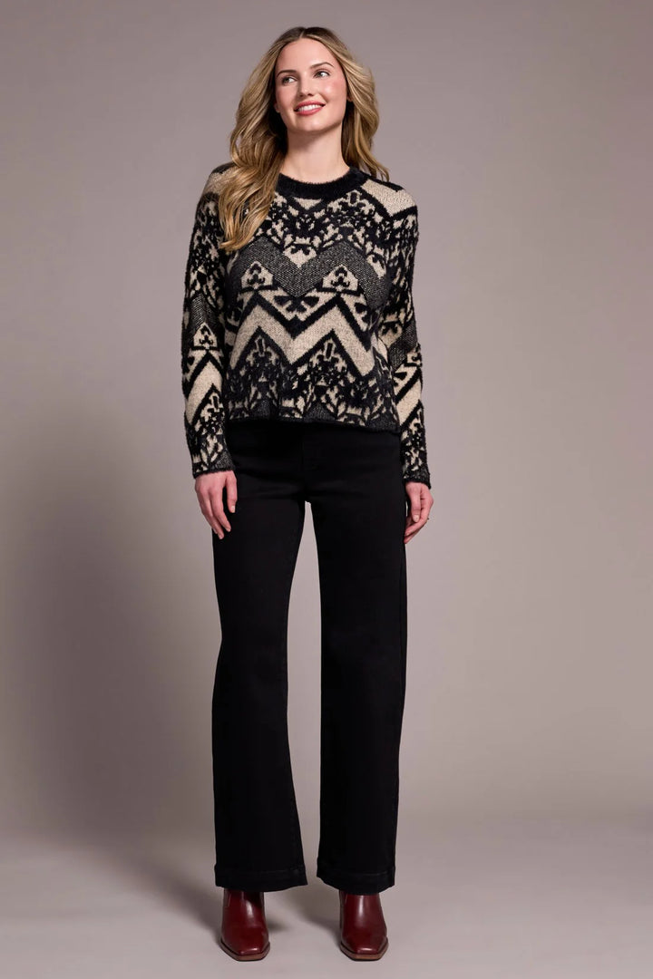 Tribal Double-Knit Yarn Crew Neck Sweater in Black