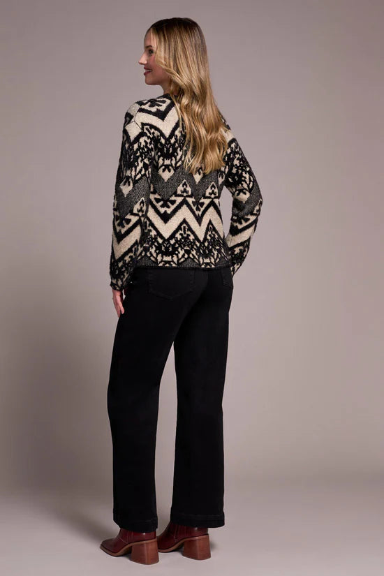 Tribal Double-Knit Yarn Crew Neck Sweater in Black