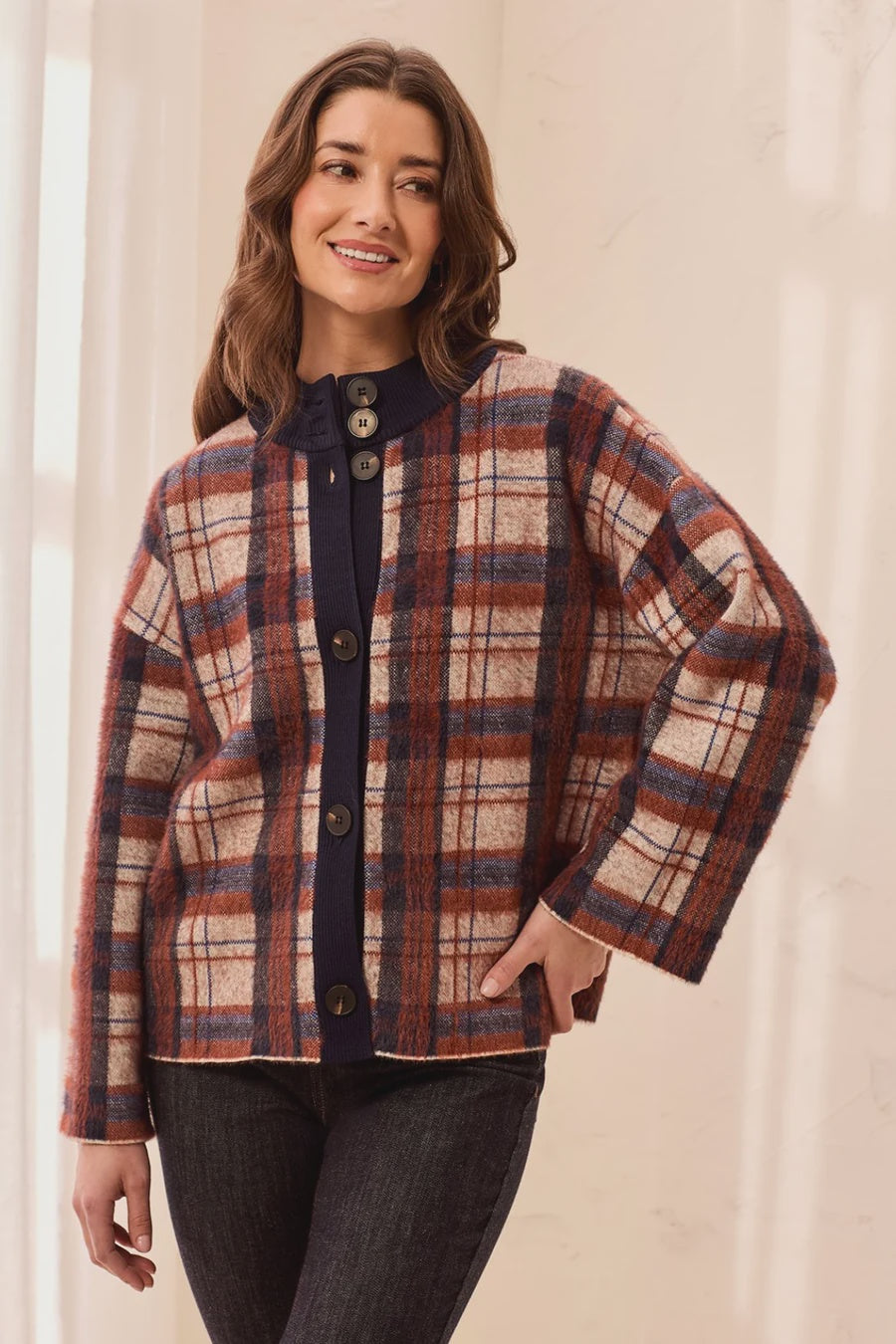 Tribal Eyelash Knit Plaid Button-Front Mock Neck Sweater Cardigan in Stellar