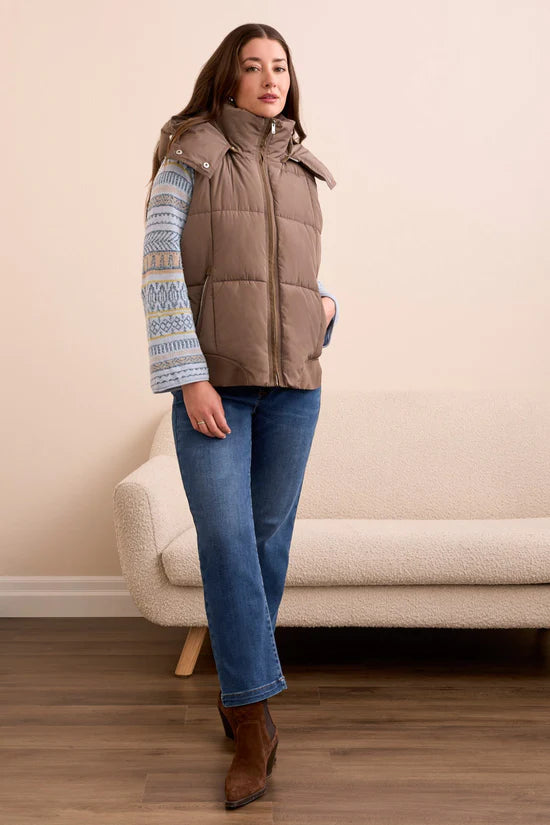 Tribal Quilted Puffer Vest With Removable Hood in Fossil