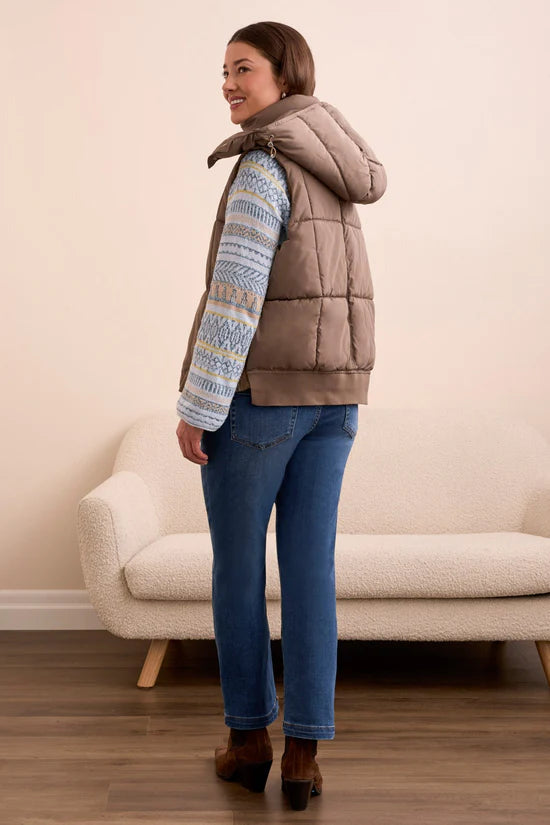 Tribal Quilted Puffer Vest With Removable Hood in Fossil