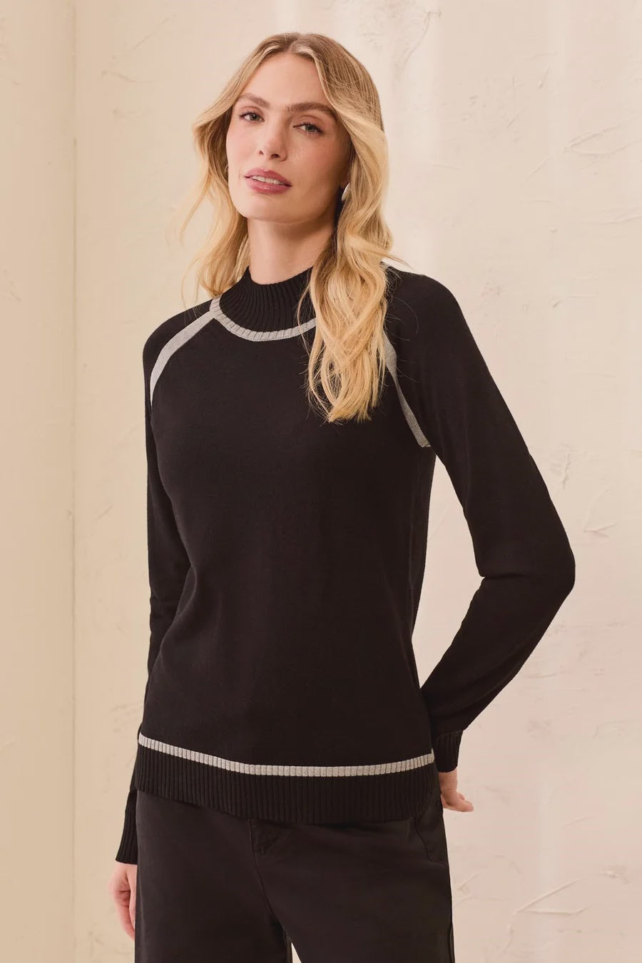 Tribal Soft Long Sleeve Mock Neck Raglan Sweater in Black