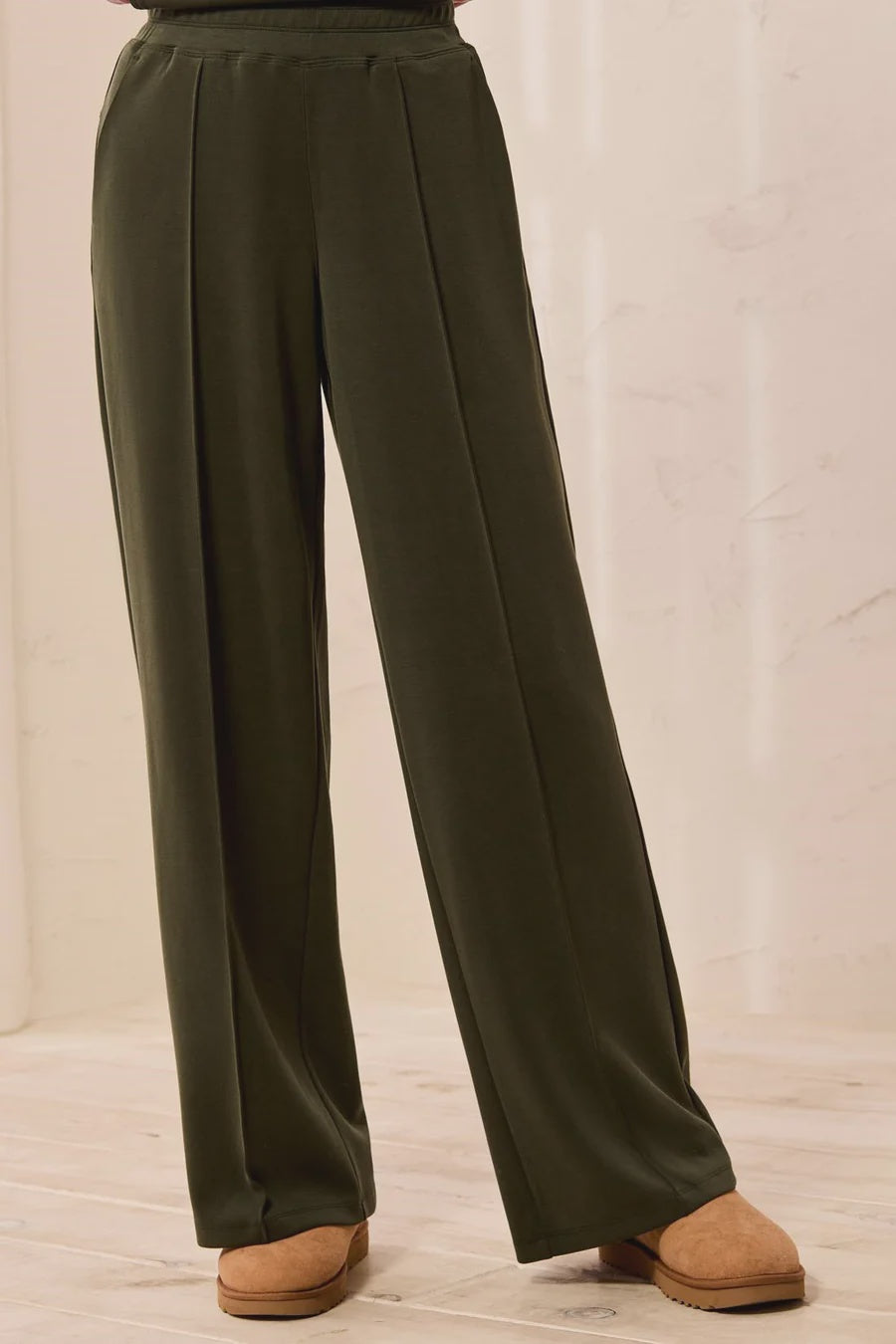 Tribal Soft Modal Wide Leg Pant With Pintuck Detail & Elastic Waistband in Cedargreen