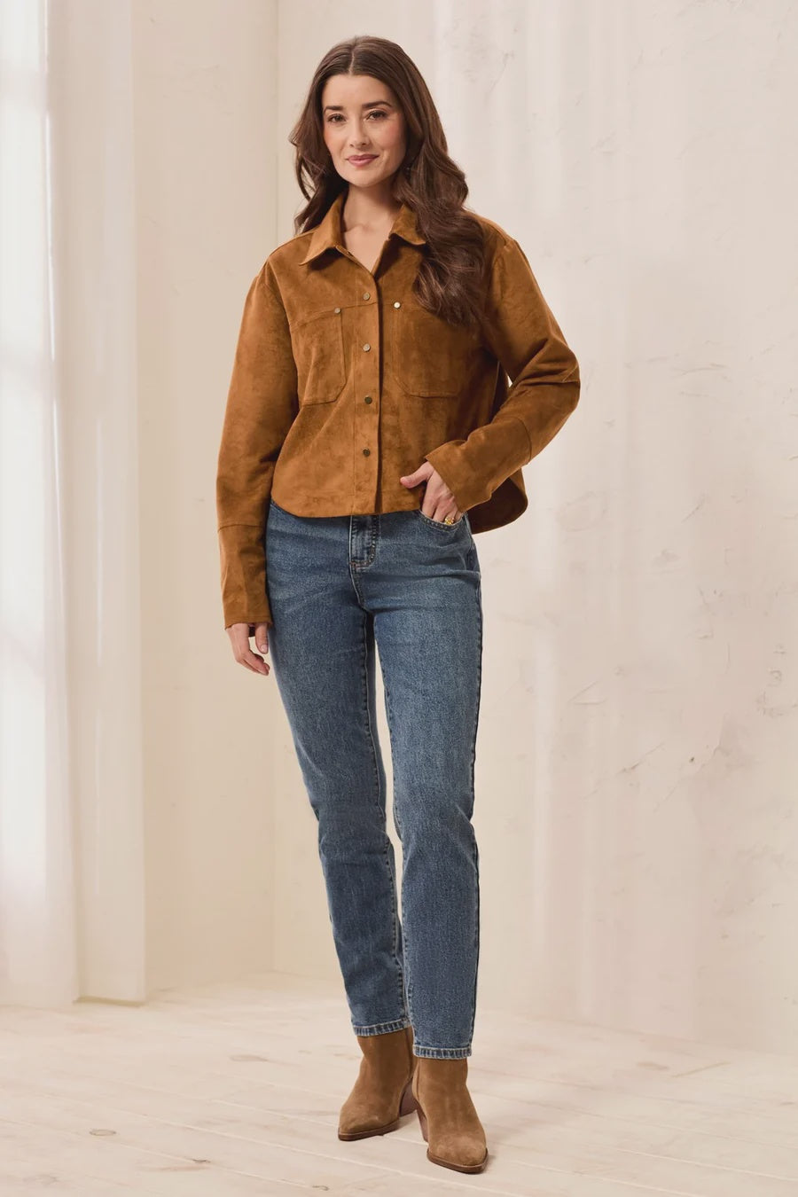 Tribal Soft Touch Faux Suede Snap Front Collared Shacket in Hazelwood