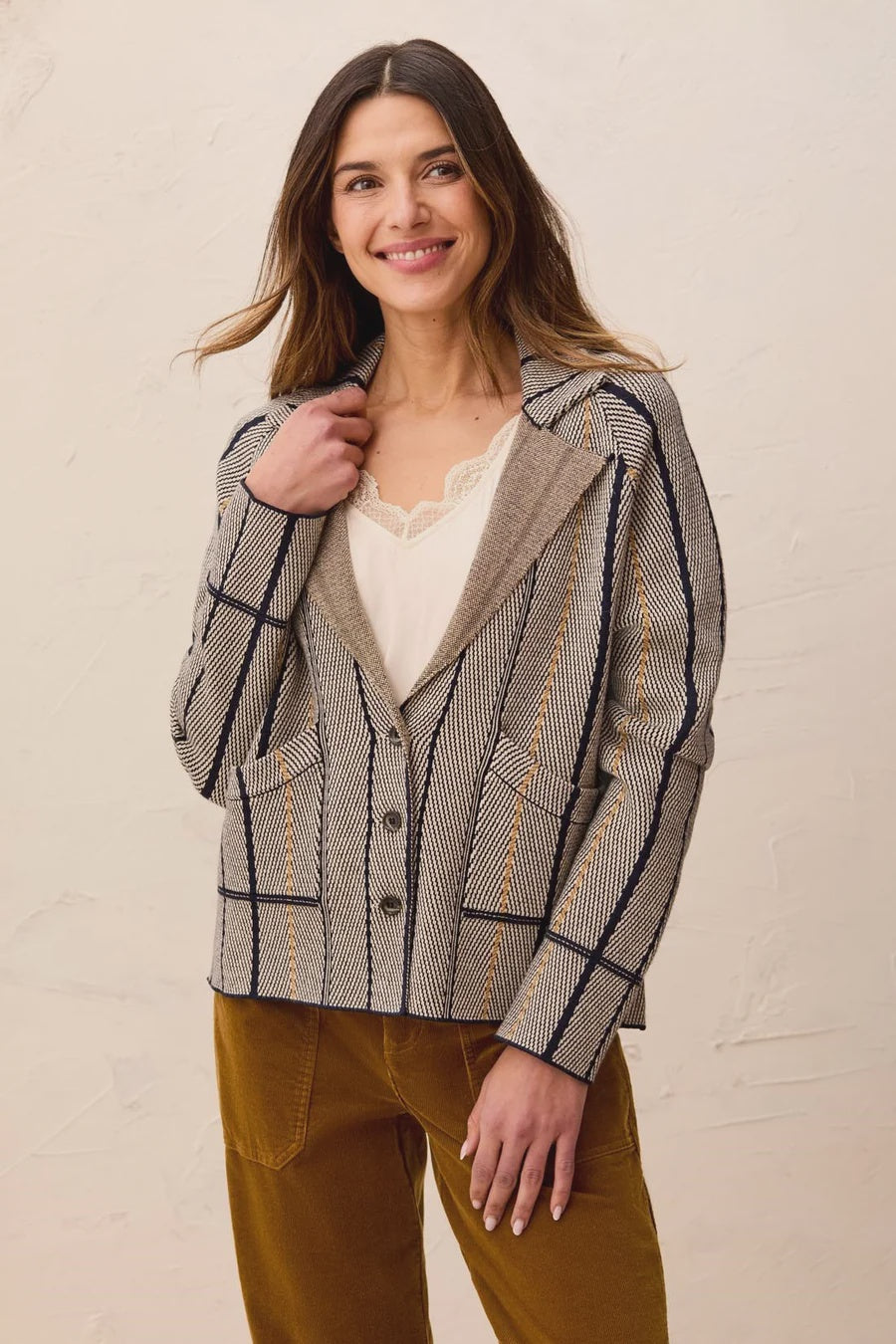 Tribal Soft Viscose Long Sleeve Lapel Collar Button Front Cardigan in Sapphire
