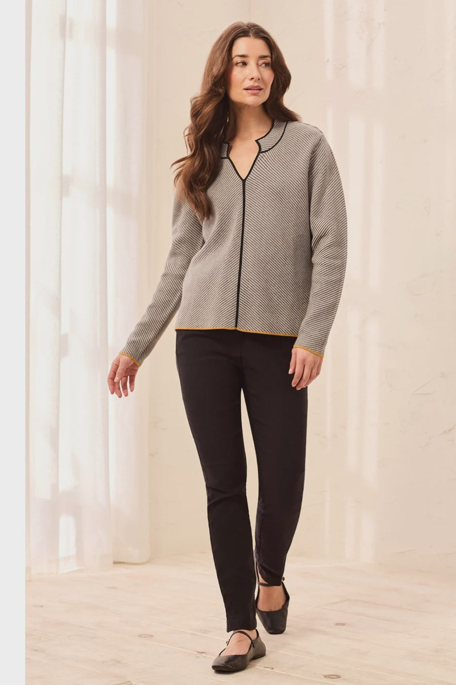 Tribal Textured Diagonal Stripe Split Neck Sweater in Grey Mix