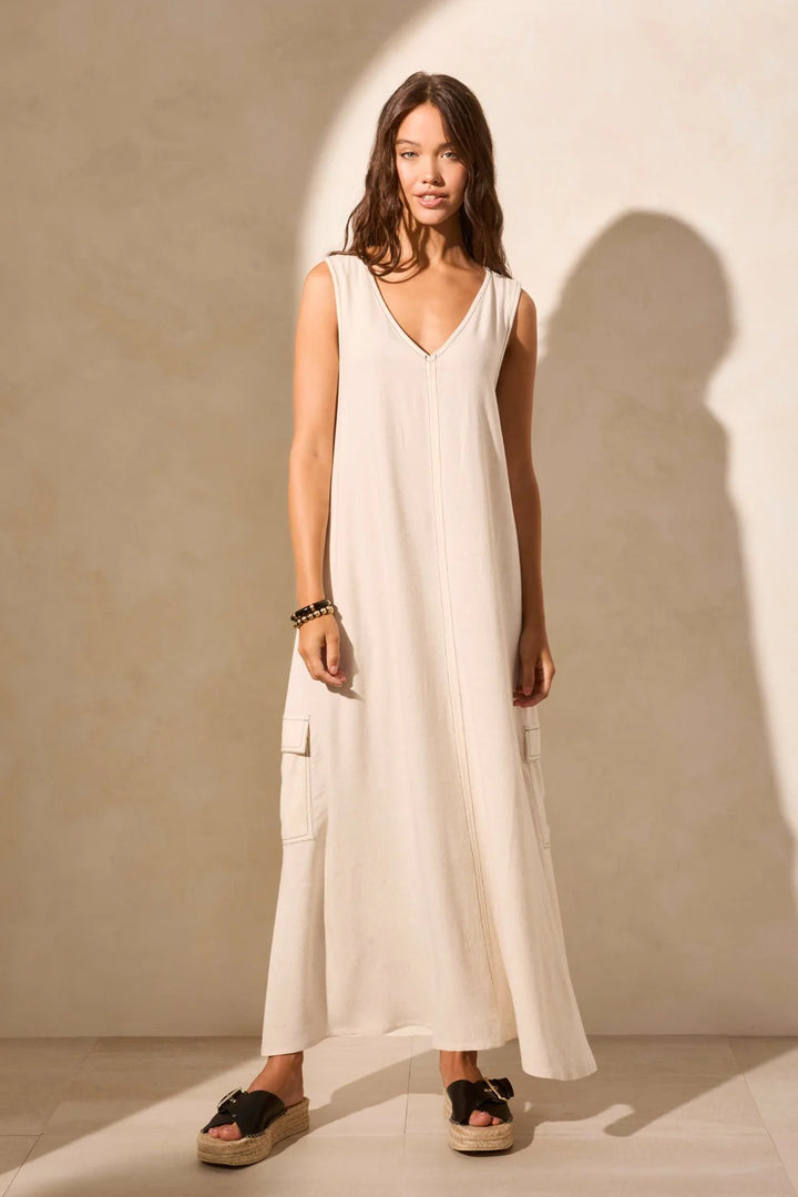 Tribal Textured Linen Sleeveless Cargo Dress