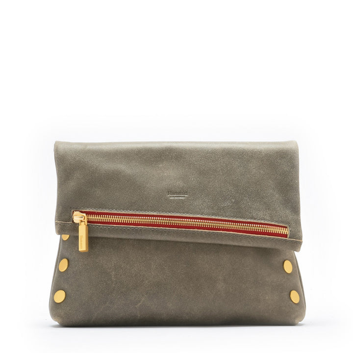 Hammitt VIP Med Zippered Leather Crossbody Clutch in Pew/Brushed Gold Red Zip