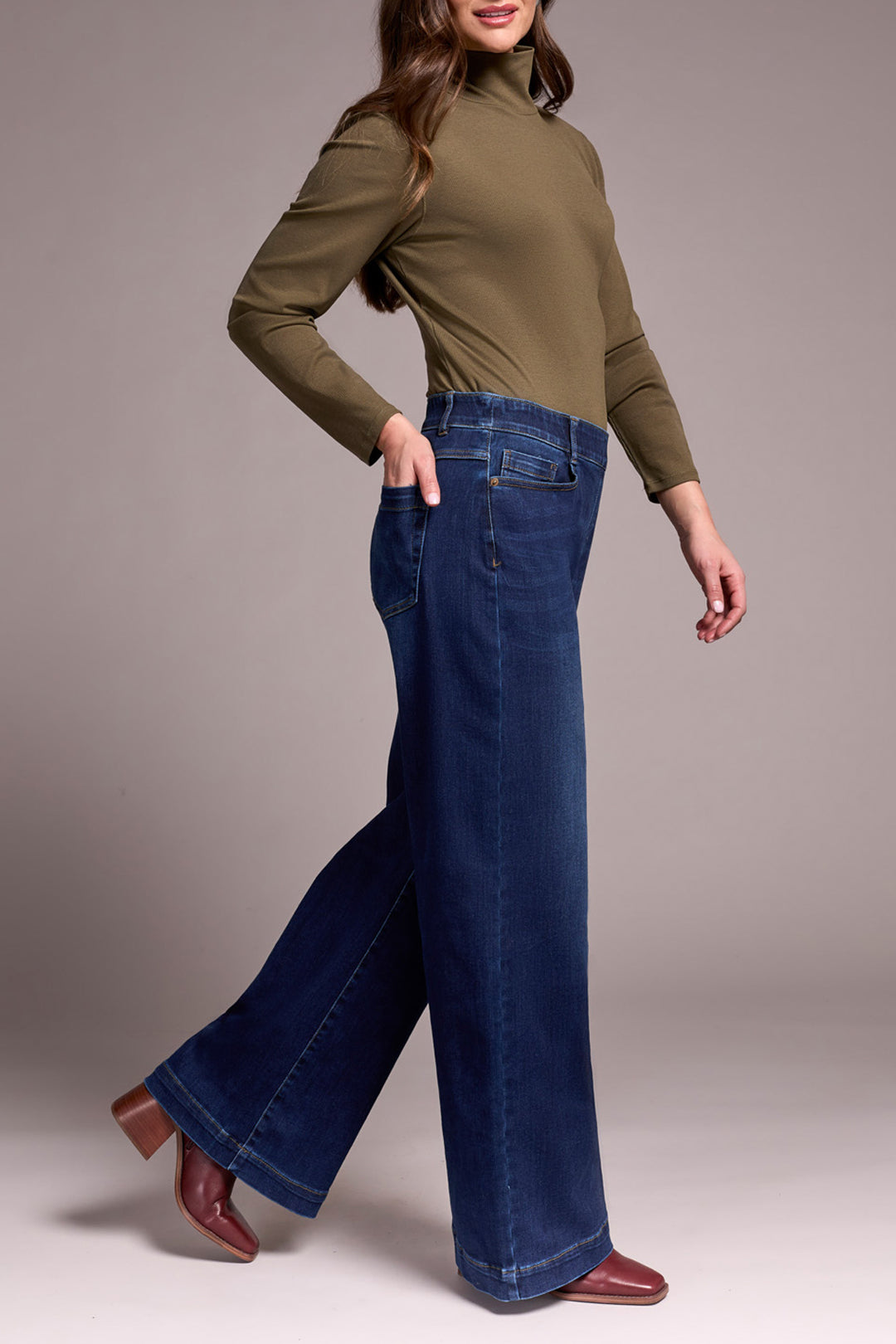 Tribal Audrey Comfort Stretch Pull-On Wide Leg Jeans in Dark Knight