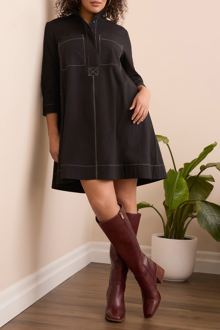 Tribal Stretch Poplin Button-Front Black Shirt Dress