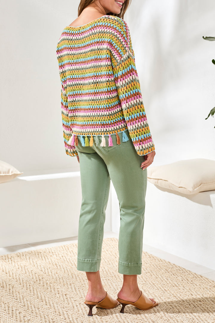 Tribal Long Sleeve Bell Sleeve Sweater in Aqua Sky