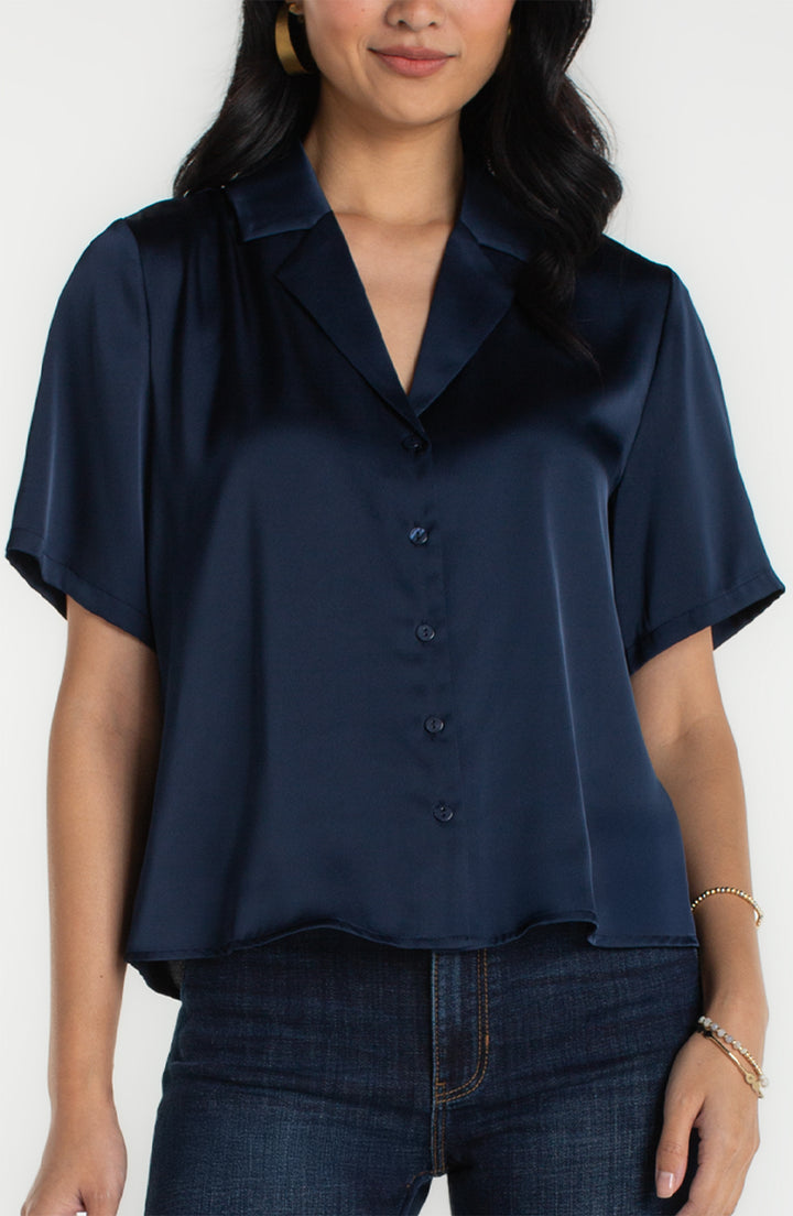 Liverpool Los Angeles Short Sleeve Camp Collar Woven Top in Navy